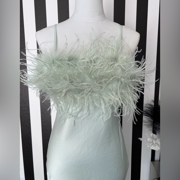 Mint Satin Ostrich Feather Trim Midi Slip Dress - NWT - Picture 5 of 7